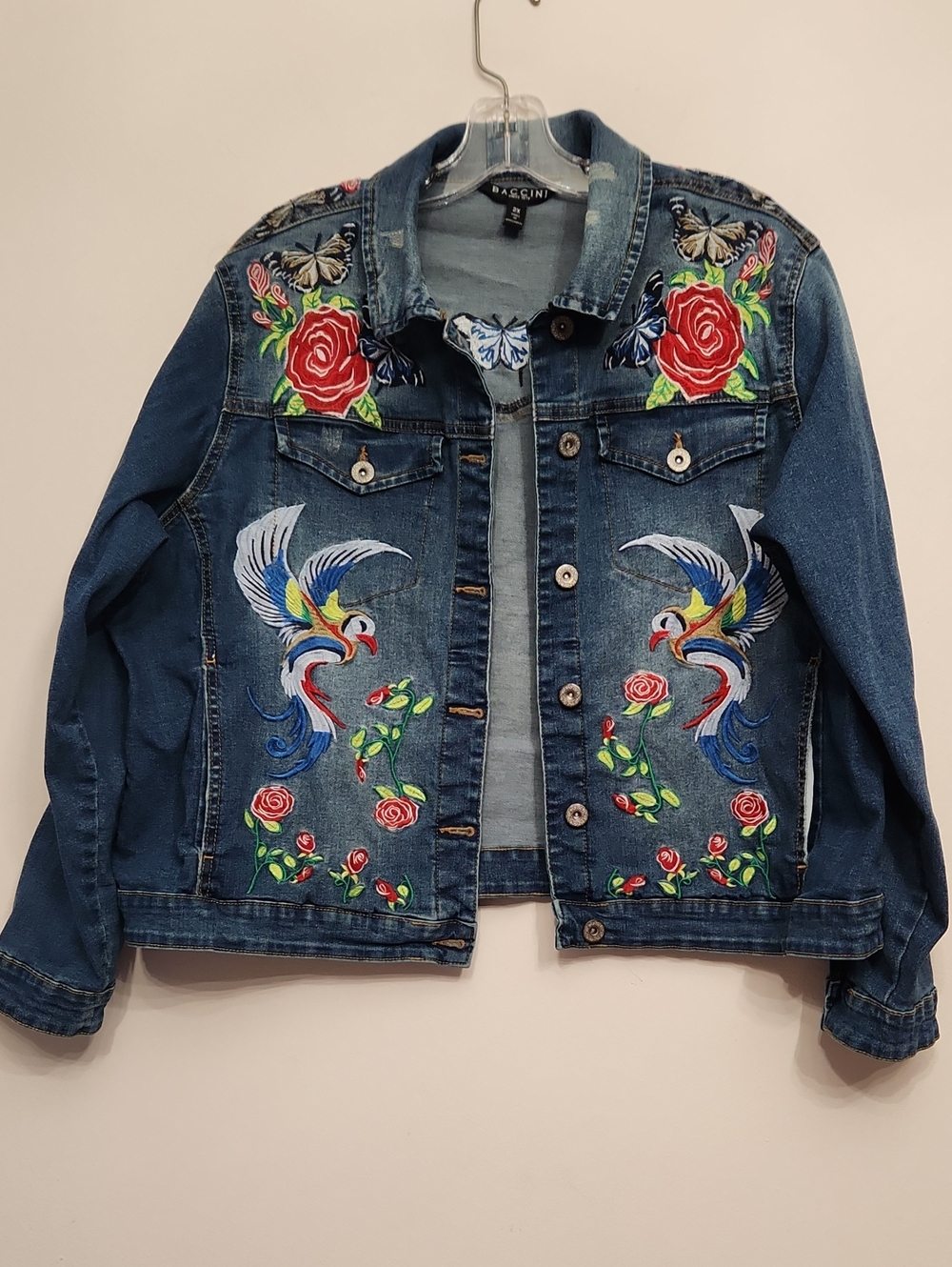 Baccini Blue Denim Jacket with Embroidered Roses & Birds Size 2X